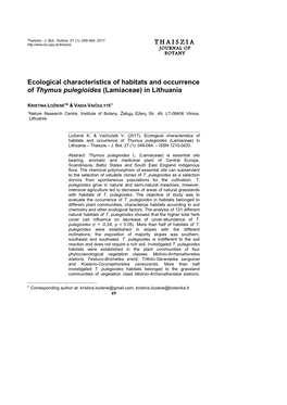 THAISZIA Ecological Characteristics of Habitats and Occurrence of Thymus