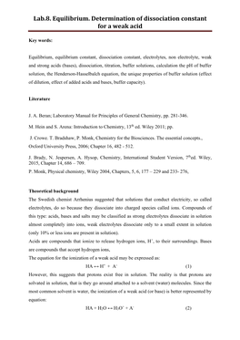 Lab.10. Equilibrium. Determination of Dissociation Constant for a Weak Acid