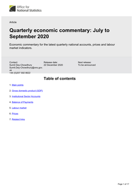 Quarterly Economic Commentary: July to September 2020