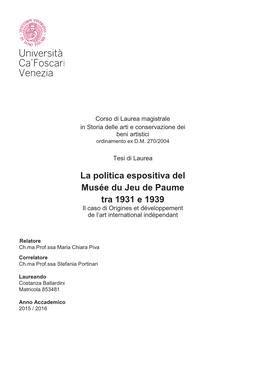 La Politica Espositiva Del Musée Du Jeu De Paume Tra 1931 E 1939 Il Caso Di Origines Et Développement De L’Art International Indépendant