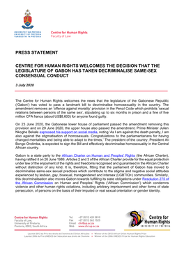 Press Statement Centre for Human Rights Welcomes the Decision That the Legislature of Gabon Has Taken Decriminalise Same-Sex