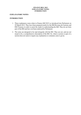 Finance Bill 2012 Explanatory Notes Introduction