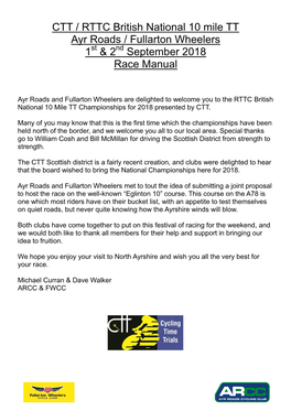 CTT / RTTC British National 10 Mile TT Ayr Roads / Fullarton Wheelers 1St & 2Nd September 2018 Race Manual