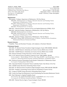 Amber L. Puha, Phd June 2021 Department of Mathematics Craven Hall 6130 California State University San Marcos Office Phone: 1-760-750-4201 333 S