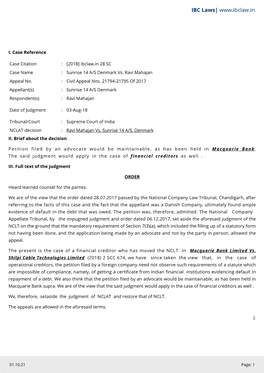 Sunrise 14 A/S Denmark Vs. Ravi Mahajan Appeal No