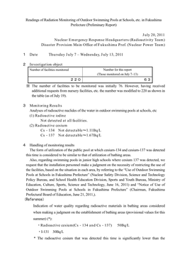 Readings of Radiation Monitoring of Outdoor Swimming Pools at Schools in Fukushima Prefecture