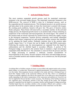 Sewage/ Wastewater Treatment Technologies 1. Activated Sludge