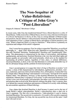 A Critique of John Gray's "Post-Liberalism" Gregory R