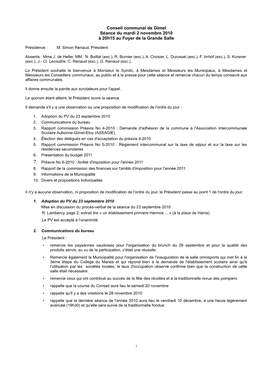 Conseil Communal De Gimel Séance Du Mardi 2 Novembre 2010 À 20H15 Au Foyer De La Grande Salle