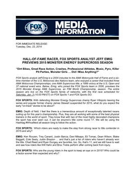 Hall-Of-Fame Racer, Fox Sports Analyst Jeff Emig Previews 2015 Monster Energy Supercross Season