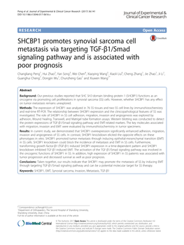 SHCBP1 Promotes Synovial Sarcoma Cell Metastasis Via Targeting TGF-Β1