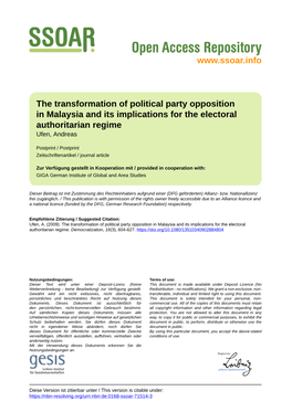 The Transformation of Political Party Opposition in Malaysia and Its Implications for the Electoral Authoritarian Regime Ufen, Andreas