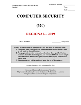 COMPUTER SECURITY - REGIONAL 2019 Page 1 of 9 Time: ______