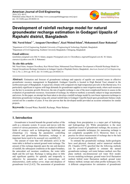 Development of Rainfall Recharge Model for Natural Groundwater Recharge Estimation in Godagari Upazila of Rajshahi District, Bangladesh