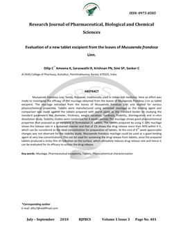 Evaluation of a New Tablet Excipient from the Leaves of Mussaenda Frondosa Linn