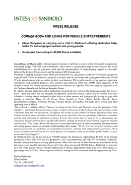 Press Release Corner Rosa and Loans for Female