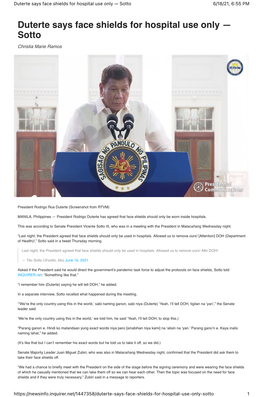 Duterte Says Face Shields for Hospital Use Only — Sotto 6/18/21, 6:55 PM