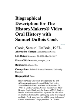 Biographical Description for the Historymakers® Video Oral History with Samuel Dubois Cook