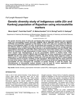 Genetic Diversity Study of Indigenous Cattle (Gir and Kankrej) Population of Rajasthan Using Microsatellite Markers