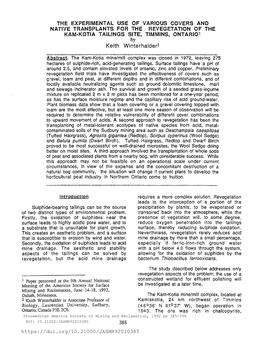 THE EXPERIMENTAL USE of VARIOUS COVERS and NATIVE TRANSPLANTS for the REVEGETATION of the KAM-KOTIA TAILINGS SITE, TIMMINS, ONTARI01 by Keith Winterhalder2