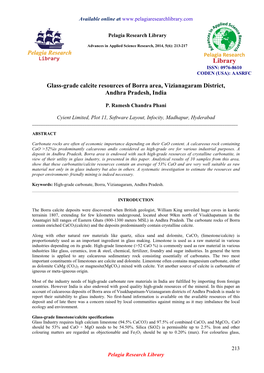 Glass-Grade Calcite Resources of Borra Area, Vizianagaram District, Andhra Pradesh, India