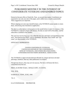 Published Monthly in the Interest of Confederate Veterans and Kindred Topics