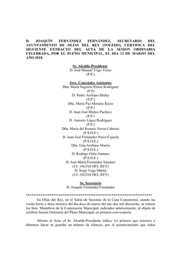 Toledo), Certifica Del Siguiente Extracto Del Acta De La Sesion Ordinaria Celebrada, Por El Pleno Municipal, El Dia 12 De Marzo Del Año 2018