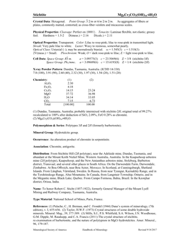 Stichtite Mg6cr2co3(OH)16∙4H2O - Crystal Data: Hexagonal