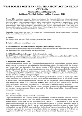 WEST DORSET WESTERN AREA TRANSPORT ACTION GROUP (WATAG) Minutes of General Meeting No.93 Held in the W.I