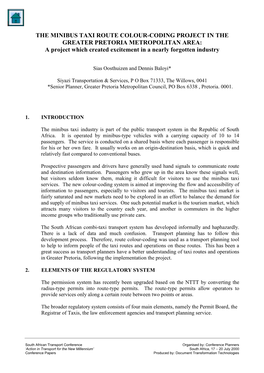THE MINIBUS TAXI ROUTE COLOUR-CODING PROJECT in the GREATER PRETORIA METROPOLITAN AREA: a Project Which Created Excitement in a Nearly Forgotten Industry