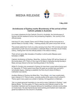 Archdiocese of Sydney Marks Bicentenary of the Arrival of First Catholic Priests in Australia