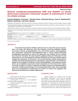 Neutral Metalloaminopeptidases APN and Metap2 As Newly Discovered Anticancer Molecular Targets of Actinomycin D and Its Simple Analogs