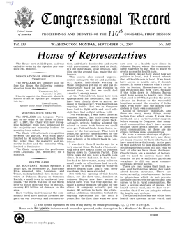 Congressional Record United States Th of America PROCEEDINGS and DEBATES of the 110 CONGRESS, FIRST SESSION