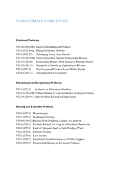 V Codes (DSM-5) & Z Codes (ICD-10)