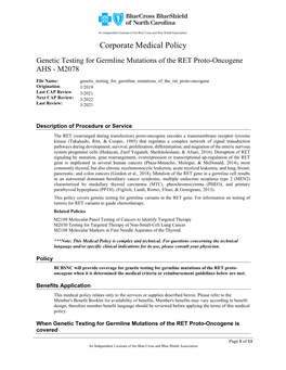 Genetic Testing for Germline Mutations of the RET Proto-Oncogene AHS - M2078