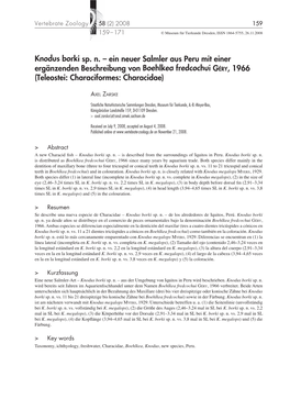 Knodus Borki Sp. N. – Ein Neuer Salmler Aus Peru Mit Einer Ergänzenden Beschreibung Von Boehlkea Fredcochui GÉRY, 1966 (Teleostei: Characiformes: Characidae)