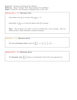 Divergence and Integral Tests Handout Reference: Brigg’S “Calculus: Early Transcendentals, Second Edition” Topics: Section 8.4: the Divergence and Integral Tests, P