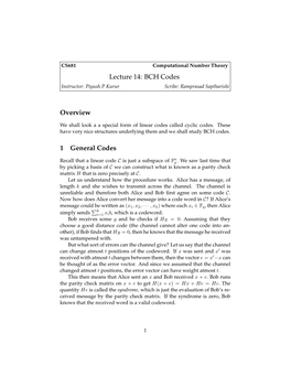 Lecture 14: BCH Codes Overview 1 General Codes