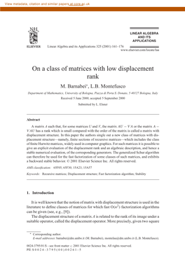 On a Class of Matrices with Low Displacement Rank M