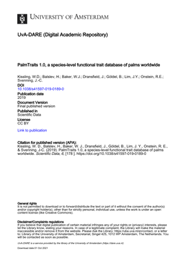 Palmtraits 1.0, a Species-Level Functional Trait Database of Palms Worldwide