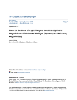 Notes on the Nests of <I>Augochloropsis Metallica Fulgida