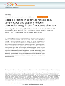 Isotopic Ordering in Eggshells Reflects Body Temperatures And