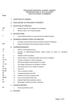 ENGLEHART MUNICIPAL COUNCIL AGENDA WEDNESDAY MAY 8, 2013 at 6:30PM HELD in COUNCIL CHAMBERS Page
