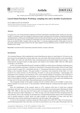 Lizard Island Polychaete Workshop: Sampling Sites and a Checklist of Polychaetes