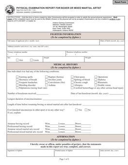 PHYSICAL EXAMINATION REPORT for BOXER OR MIXED MARTIAL ARTIST State Form 54475 (R2 / 1-20) INDIANA GAMING COMMISSION