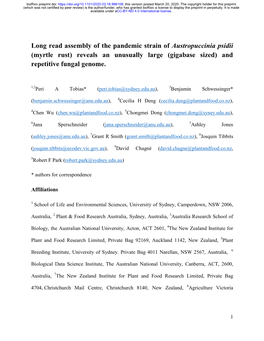 Long Read Assembly of the Pandemic Strain of Austropuccinia Psidii (Myrtle Rust) Reveals an Unusually Large (Gigabase Sized) and Repetitive Fungal Genome