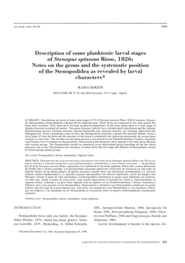 Description of Some Planktonic Larval Stages of Stenopus Spinosus Risso