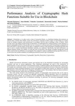Performance Analysis of Cryptographic Hash Functions Suitable for Use in Blockchain