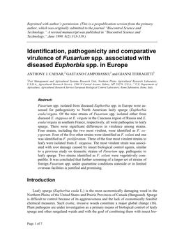 Identification, Pathogenicity and Comparative Virulence of Fusarium Spp