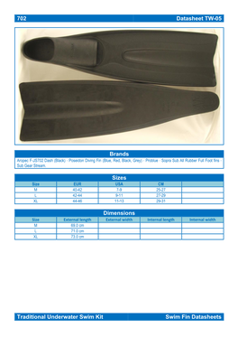 702 Datasheet TW-05 Brands Sizes Dimensions Traditional Underwater